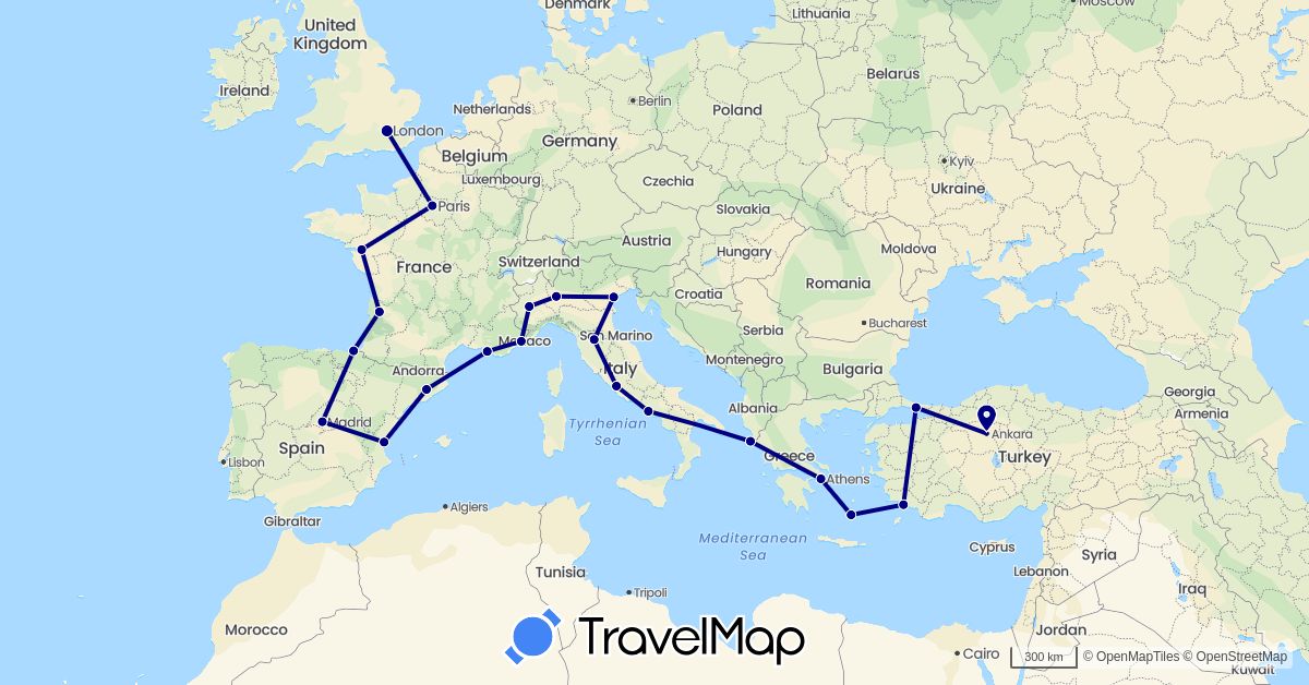TravelMap itinerary: driving in Spain, France, United Kingdom, Greece, Italy, Turkey (Asia, Europe)